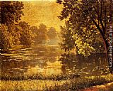 A River Landscape in Springtime Paintings - A Wooded River Landscape by Henri Biva